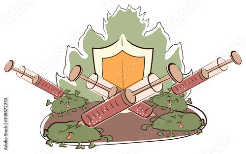 We defeated the coronavirus. Doctors have developed a vaccine against pneumonia, epidemics, pandemics, covid-19. People defend themselves and defeat the virus. Vector flat cartoon illustration.