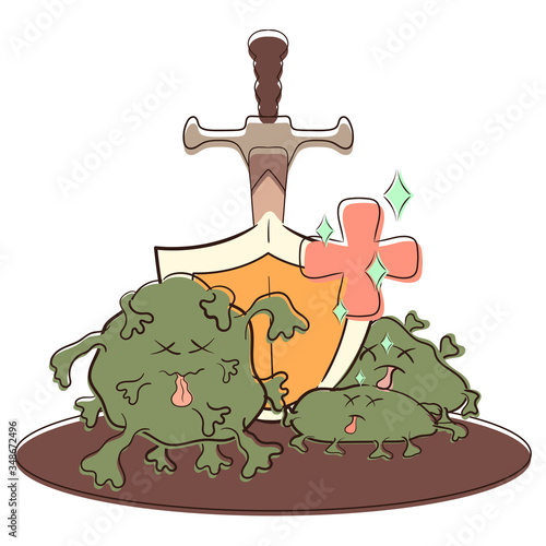 We defeated the coronavirus. Doctors have developed a vaccine against pneumonia, epidemics, pandemics, covid-19. People defend themselves and defeat the virus. Vector flat cartoon illustration.