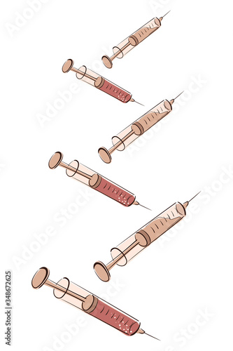 Scattered six injections. Syringes are falling down. Invented a vaccine against a virus, pandemic, epidemic, pneumonia. The medicine for coronavirus, covid-19. Vector flat cartoon illustration.