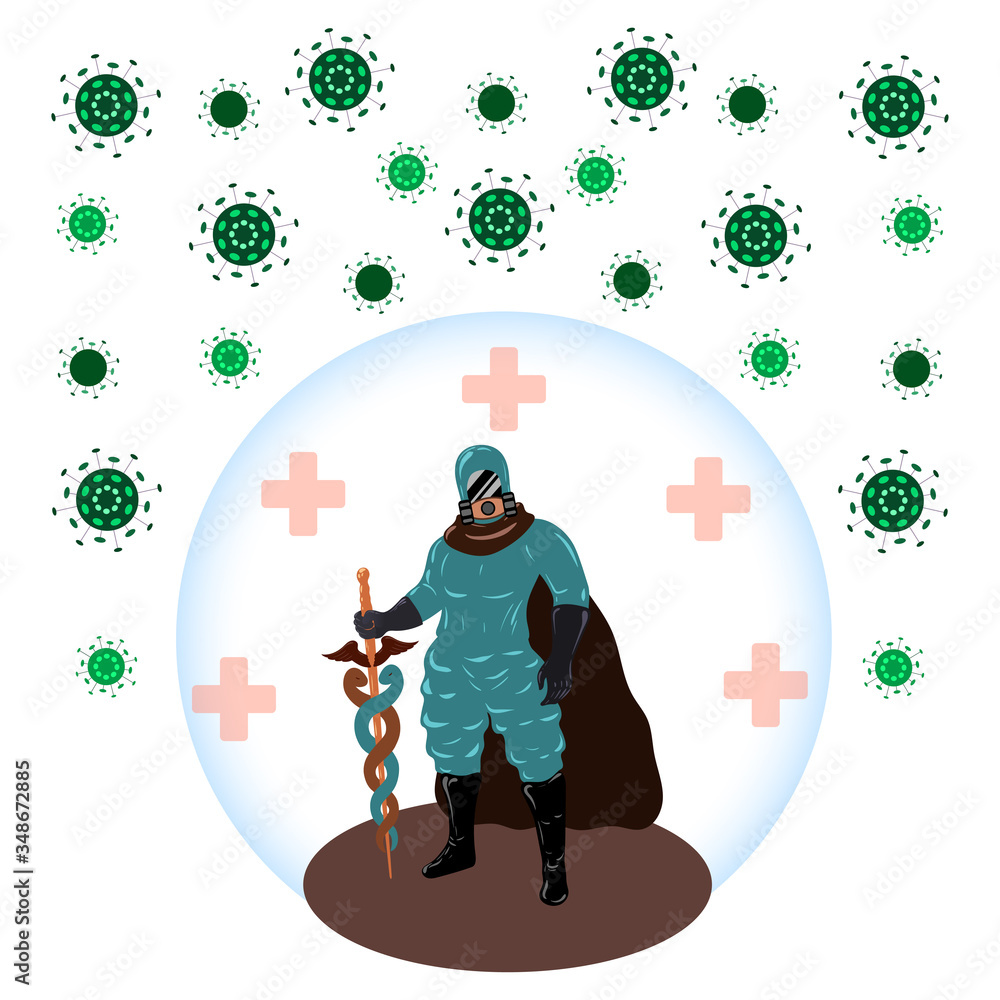 Naklejka premium Symbol of victory over epidemic, disease, virus, COVID-19, infection. The doctor put on a mask, protective clothing, protects humanity surrounded by the coronavirus. Vector flat cartoon illustration.