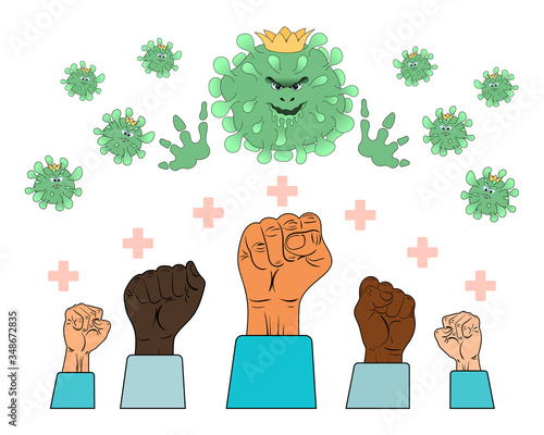 Doctors raised their hands up. Everyone is fighting the most important virus and other diseases. The doctor holds his fists for the recovery of people. Vector flat cartoon illustration.