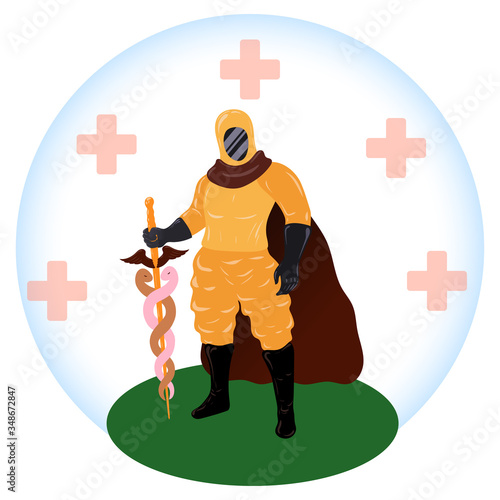 Symbol of victory over coronavirus, pandemic, epidemic, disease, virus, COVID-19, infection. The doctor has put on a mask, protective clothing and protects humanity. Vector flat cartoon illustration.