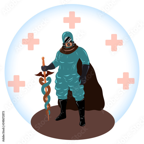 Symbol of victory over coronavirus, disease, virus, COVID-19, infection. The doctor has put on a mask, protective clothing and protects humanity. Asclepius, Hygea vector flat cartoon illustration.
