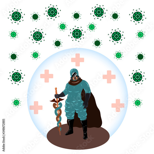 Symbol of victory over epidemic, disease, virus, COVID-19, infection. The doctor put on a mask, protective clothing, protects humanity surrounded by the coronavirus. Vector flat cartoon illustration.