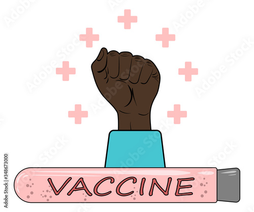 Symbol of victory over coronavirus, disease, virus, COVID-19. The vaccine was invented and the doctor raised his fist up as sign or symbols. Healing, restoration, vector flat cartoon illustration.