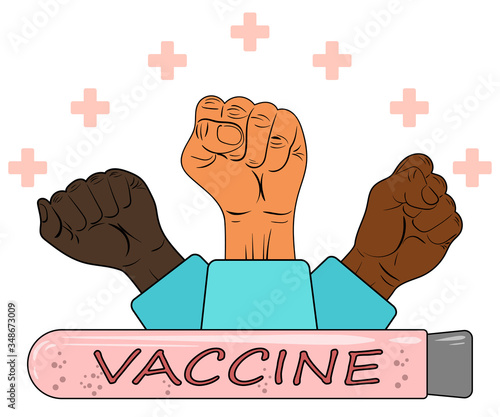 Symbol of victory over coronavirus, disease, virus, COVID-19. Vaccine was invented and doctors of different skin colors from around the world raised their fists up. Vector flat cartoon illustration.