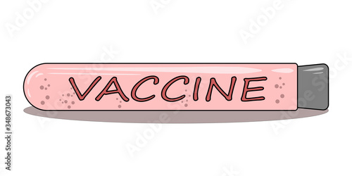 A vaccine was invented and placed in a test tube. Symbol of victory over coronavirus, disease, virus, COVID-19, pandemic, epidemic, infection. The medicine is ready. Vector flat cartoon illustration.
