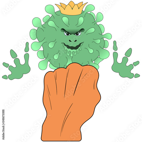 A man battle and fights with the king coronavirus for his life. Illustration of a fist and a virus with a crown. Pandemic, epidemic, infectious, disease, COVID-19, main infection. Vector flat cartoon.