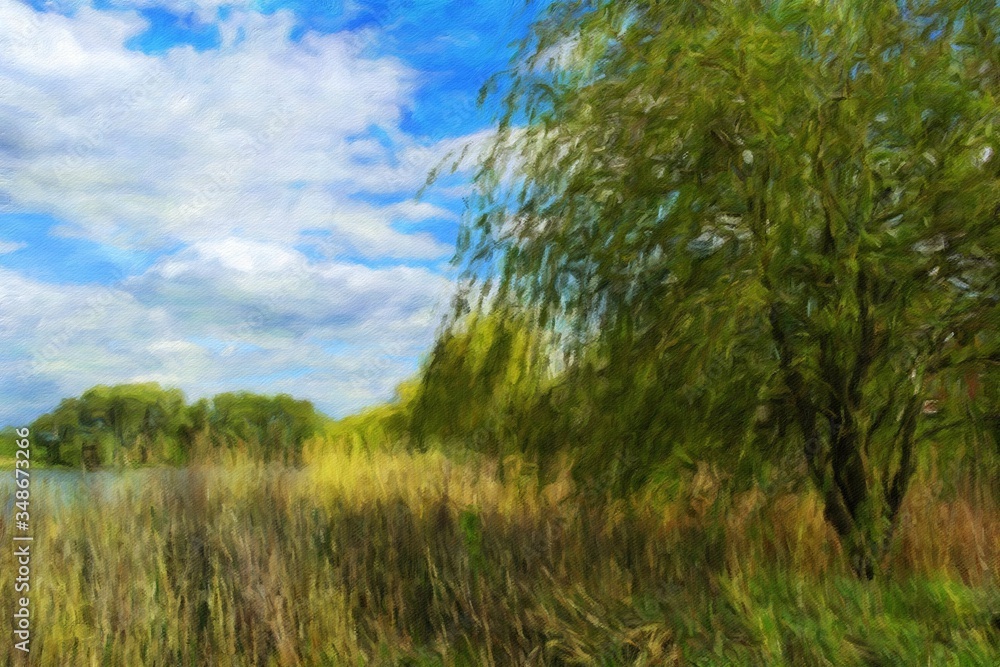 Oil paintings landscape, tree, green grass and blue sky