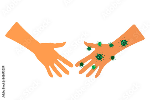 People transmit coronavirus through a handshake. Mankind men women children grandparents are infected with the covid-19. Precautions must be observed. Corona virus vector flat cartoon illustration.