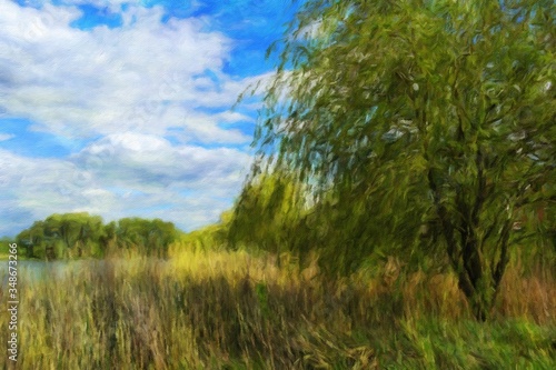 Oil paintings landscape  tree  green grass and blue sky
