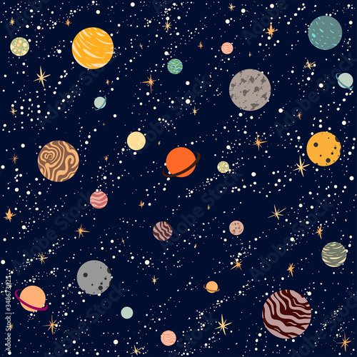 Planets and stars in space on a dark background. Cosmic night sky seamless patterns. Freehand drawing of area elements. Galaxy, constellation, universe vector cartoon flat.