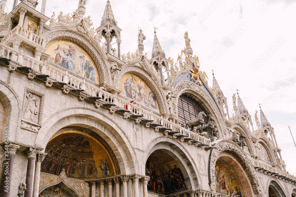 San Marco Cathedral in Venice, Italy, Basilica di Saint Mark. A close-up of the facade details.