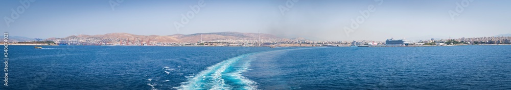 Panoramic view of the bay of the port of Piraeus at midday in August, Athens, Greece