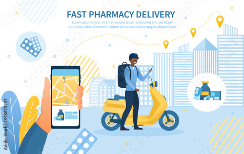 Fast Pharmacy Delivery concept with deliveryman on a scooter delivering medication to a location shown on a handheld mobile phone, colored vector illustration