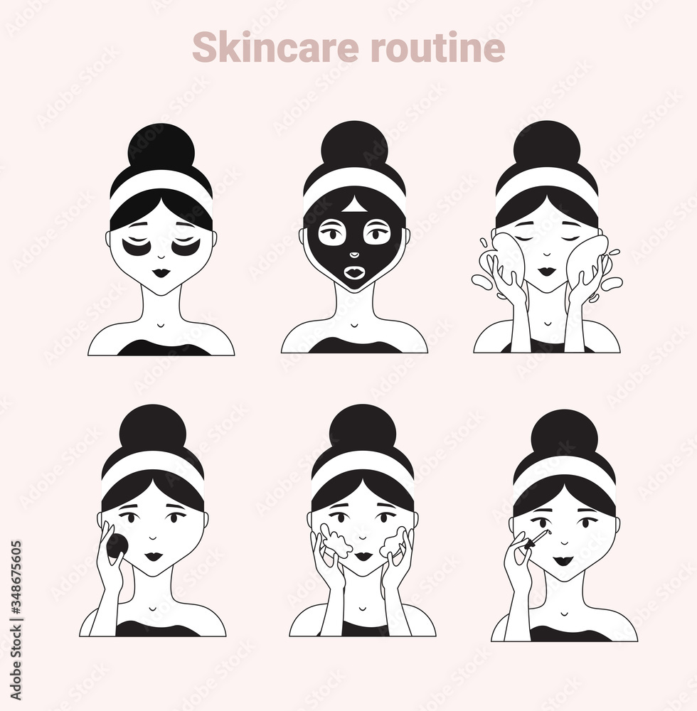 Woman taking care of her face. Skincare steps. Black and white