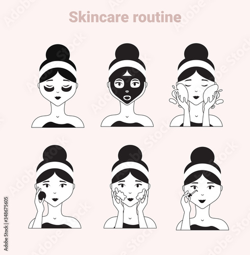 Woman taking care of her face. Skincare steps. Black and white minimalistic illustration. Daily skincare routine. Face skin care Step by step set. Different facial procedures. Face care concept.