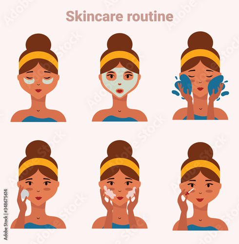 Woman taking care of her face. Skincare steps. Daily skincare routine. Face skin care Step by step set. Minimalistic vector illustration. Different facial procedures. Face care concept.