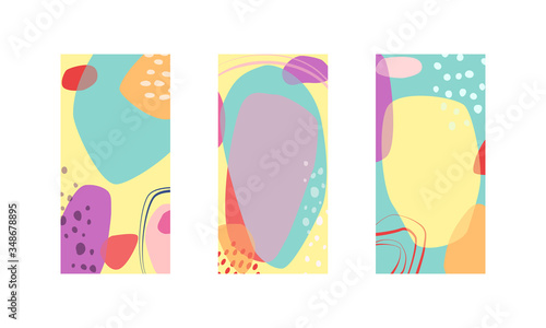 Set of vector vertical backgrounds with copy space, colored in overlap style. Trendy abstract colors and shapes.