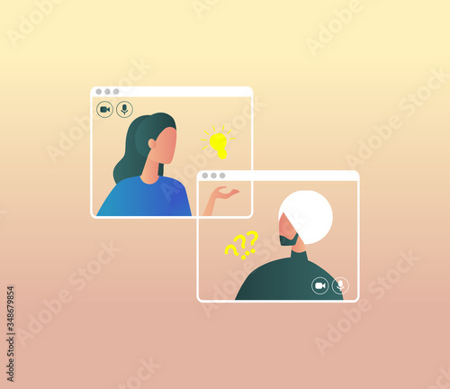 Colleagues talk to each other on the digital screen. Video call creative concept. Online conference.
