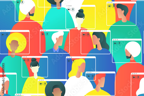 Social distancing creative concept. People talks to each other on the digital screen. Seamless pattern