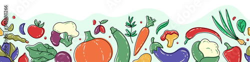Fresh healthy vegetables seamless horizontal background. Wave border with colorful vegetables. Eggplant, cucumber, carrot, chanterelle, mushroom, pepper, spices. Vegetarian, vegan, diet, healthy food