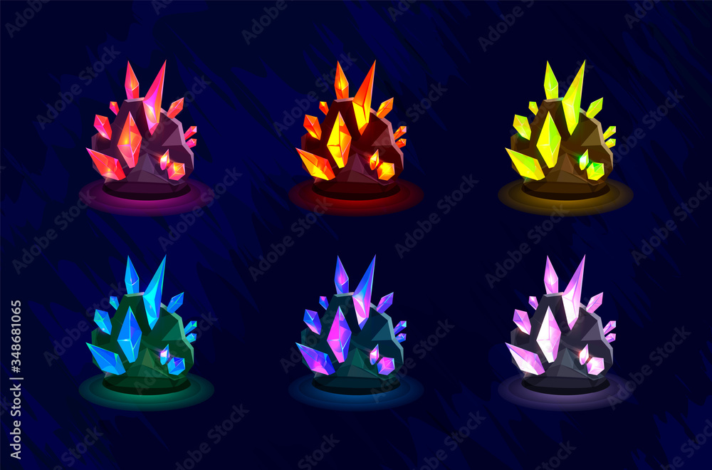 A set of isolated vector magic crystals. Stone icons for fantasy games. Bright shimmering enchanted elements for a fantastic landscape. Precious stones, minerals, rocks, stones.
A set of isolated vector magic crystals. Stone icons for fantasy games. Bright shimmering enchanted elements for a fantastic landscape. Precious stones, minerals, rocks, stones.