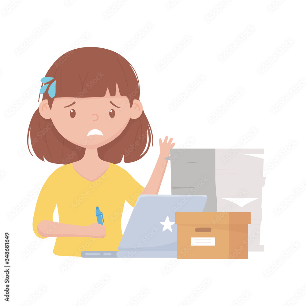 stress at work, exhausted female employee with a stack of papers a box and laptop stress at work, exhausted female employee with a stack of papers a box and laptop