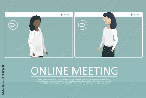 Online meeting.Video conference landing. People on computer and smartphone screen. Virtual work meeting. Flat vector illustration