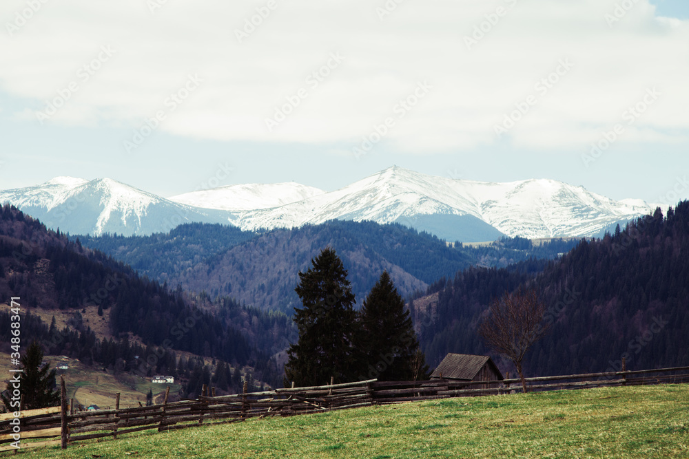 Hiking to mountain village at summer season, travel concept, Ukraine