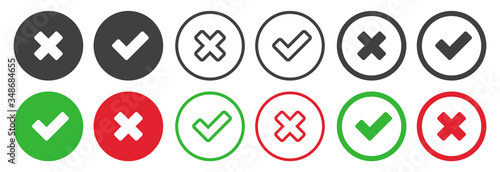 Checkmark icons set for web design. Accept v button, decline x cross button for Ui design. Flat buttons with red and green background. Answers for test questions with right and wrong options.