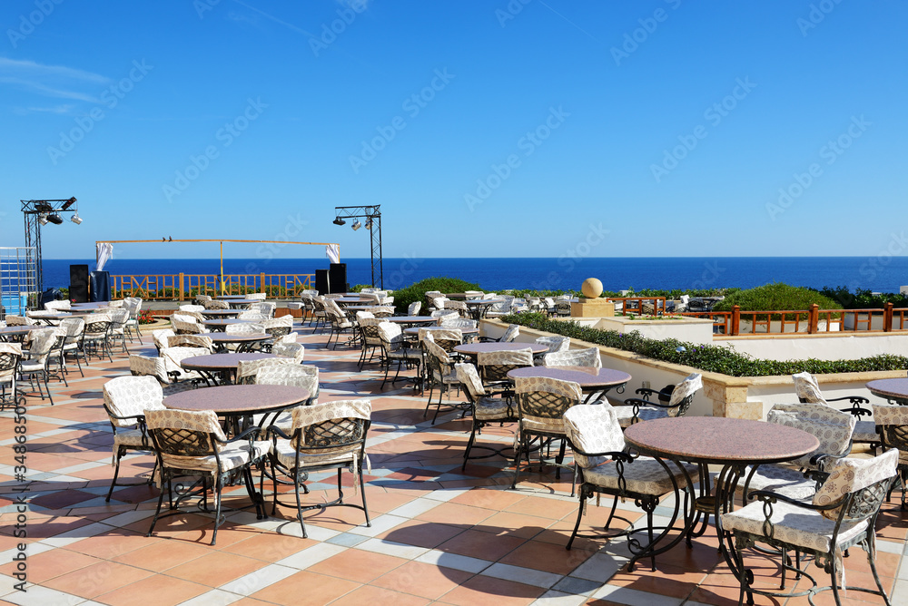 The sea view outdoor terrace of restaurant at luxury hotel, Sharm el Sheikh, Egypt