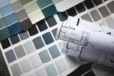 paint samples with kitchen blueprint for remodeling, focus is on paint swatches