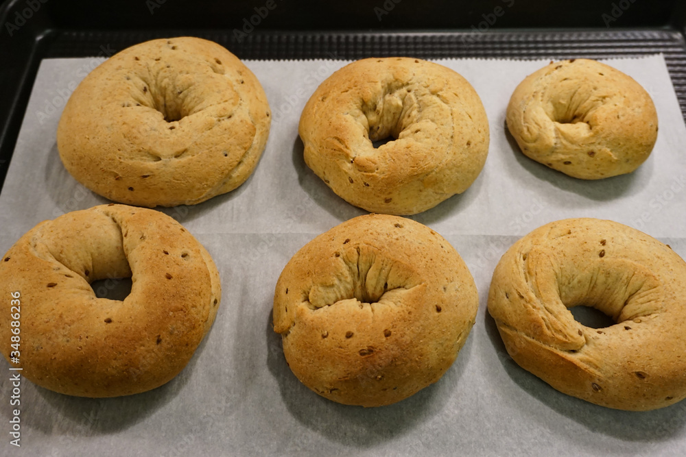 Sweet Italian anise-seed donuts, or bracciatelli, on baking sheet just out of the oven. Sweet Italian anise-seed donuts, or bracciatelli, on baking sheet just out of the oven.
