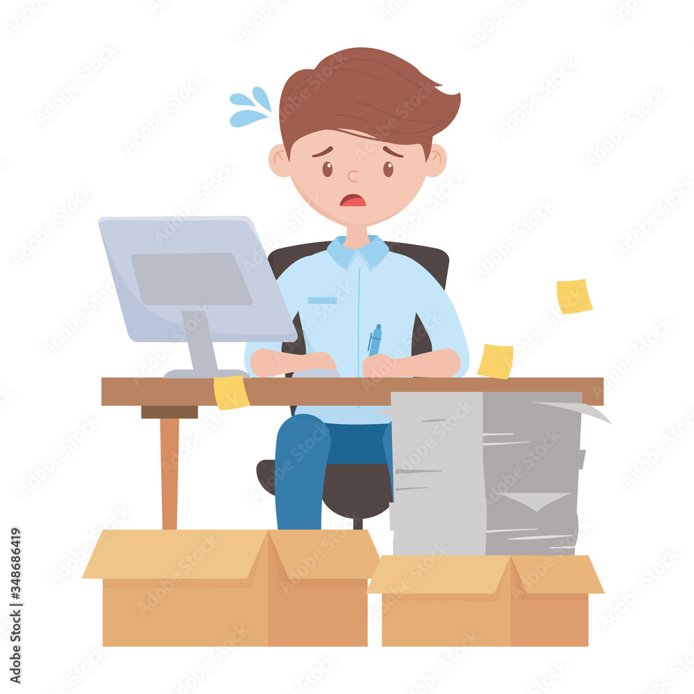 stress at work, tired employee working in desk with stack of papers boxes and laptop stress at work, tired employee working in desk with stack of papers boxes and laptop