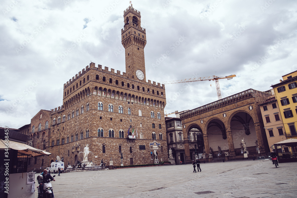 The cities are empty. Spot of an empty Florence city centre, Italy during Coronavirus Covid-19 quarantine. Florence, Italy. April 30, 2020.