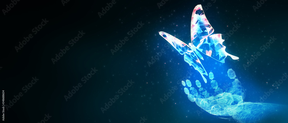 Abstract blur robot ai hand hold 3D virus butterfly illustration digital innovation futuristic technology transform evolution New normal after coronavirus crisis management business world life change Abstract blur robot ai hand hold 3D virus butterfly illustration digital innovation futuristic technology transform evolution New normal after coronavirus crisis management business world life change