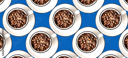 Seamless pattern with coffee beans in cups on blue background.