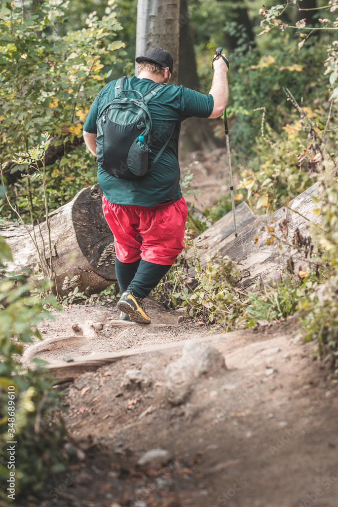A seriously overweight person is descending down the mountain using hiking poles. Concept photo of a man loosing weight while hiking in the mountains. A seriously overweight person is descending down the mountain using hiking poles. Concept photo of a man loosing weight while hiking in the mountains.
