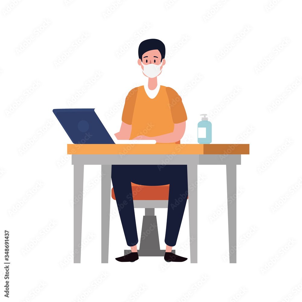young man using face mask in workplace vector illustration design young man using face mask in workplace vector illustration design