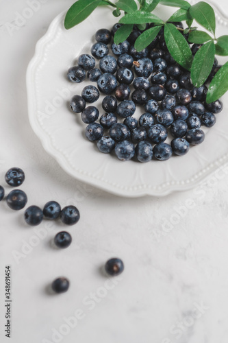 Fresh juicy blueberries in a white plate with green leaves on a white background. 