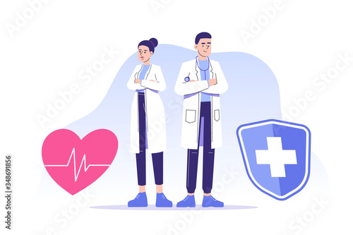 Health care and insurance service  concept. Young doctors or hospital staff standing confident near heart shape and medical protection shield. Health security and medical service. Vector illustration