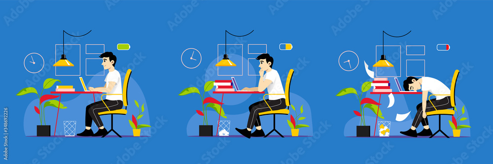 Concept Of Man Working Day. Overloaded Boy Work In Office With Tiredness Indicator Above Head. Day Routine And Stress Tolerance During Working Day. Cartoon Linear Outline Flat Vector Illustration Concept Of Man Working Day. Overloaded Boy Work In Office With Tiredness Indicator Above Head. Day Routine And Stress Tolerance During Working Day. Cartoon Linear Outline Flat Vector Illustration