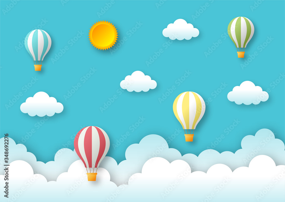 paper art style travel with balloon flying background. vector Illustration.