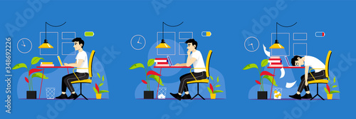 Concept Of Man Working Day. Overloaded Boy Work In Office With Tiredness Indicator Above Head. Day Routine And Stress Tolerance During Working Day. Cartoon Linear Outline Flat Vector Illustration
