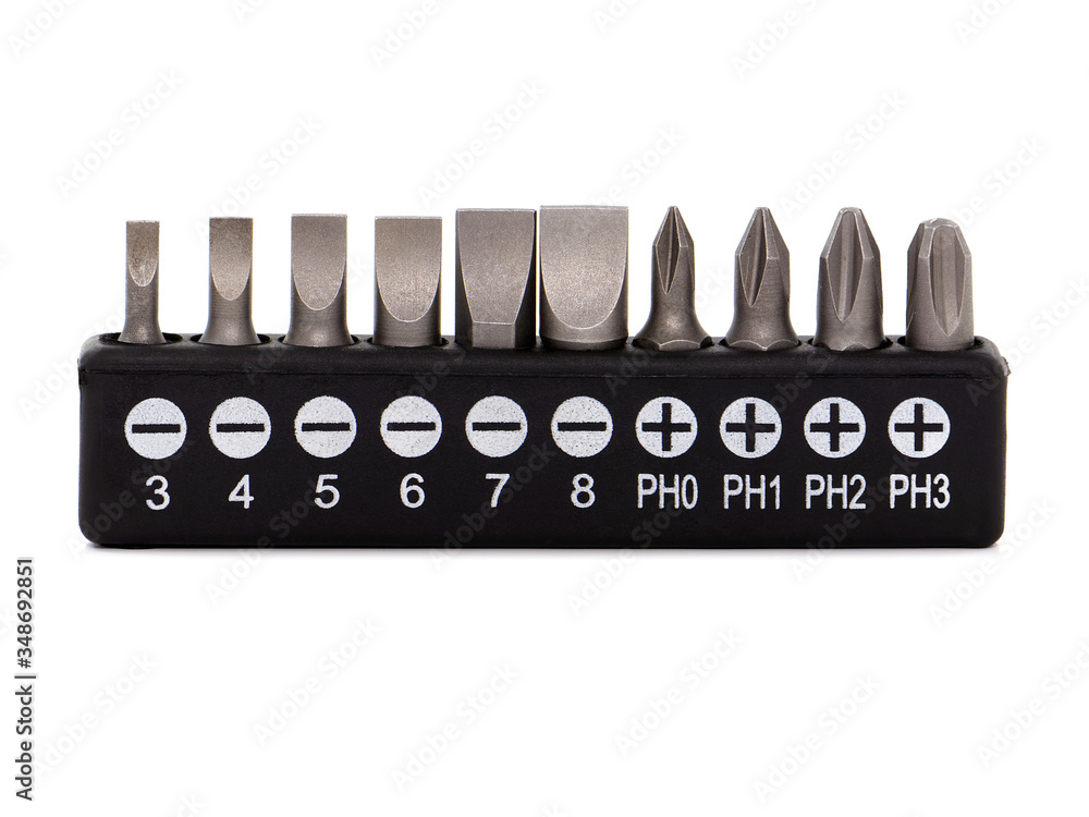 Set of screwdriver bits, heads, tips, isolated on white Set of screwdriver bits, heads, tips, isolated on white