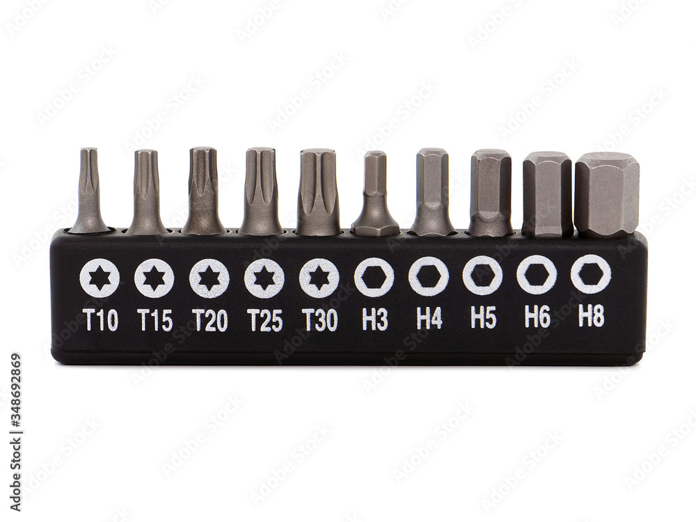 Set of screwdriver bits, heads, tips, isolated on white Set of screwdriver bits, heads, tips, isolated on white
