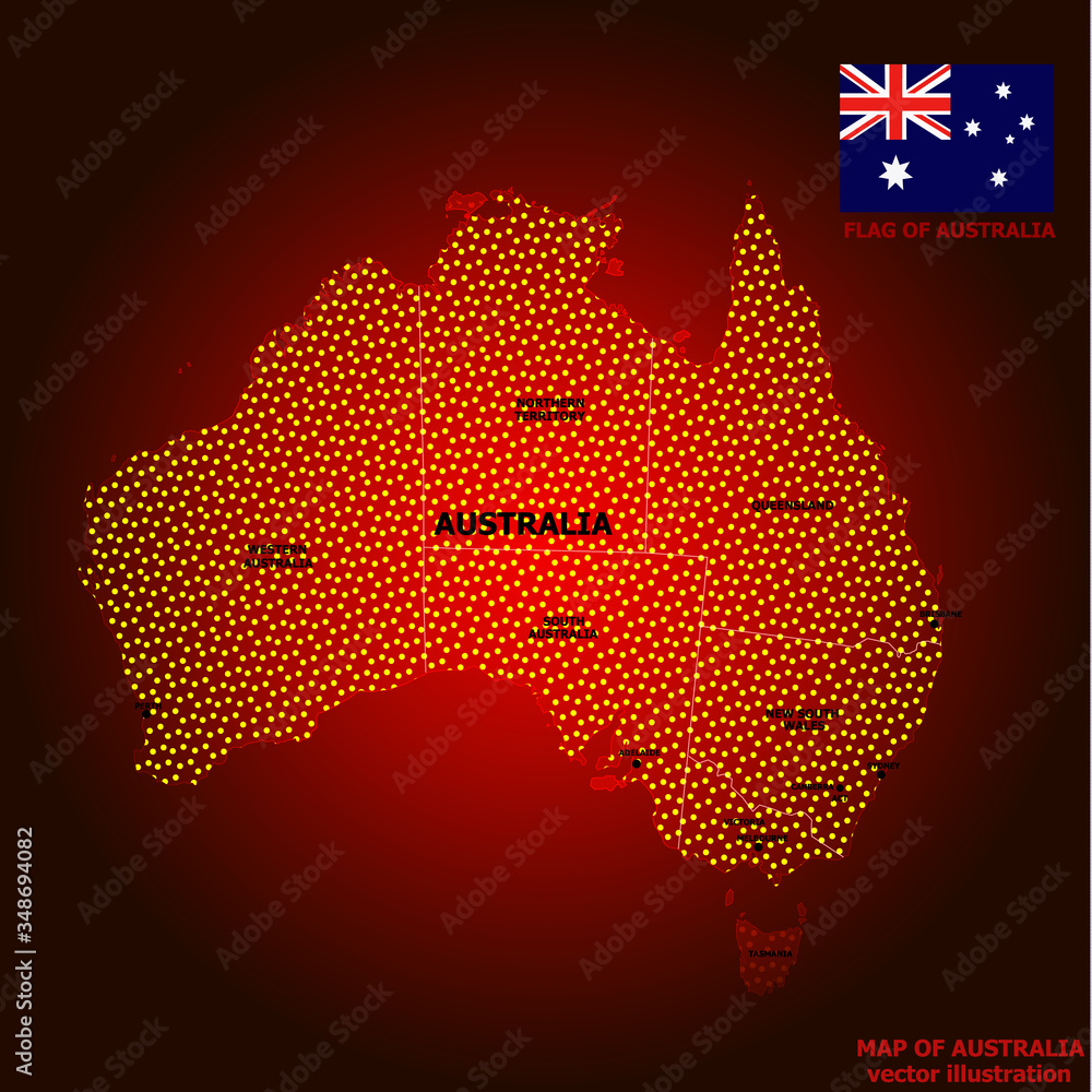 Map of Australia with flag. Australian infographic. Australian map with lights. Illustration.