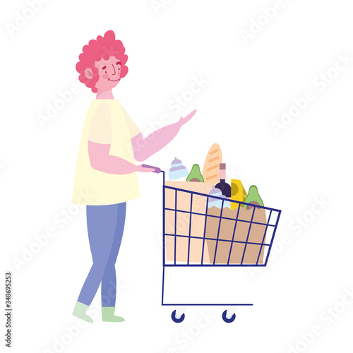 young man with shopping cart filled food isolated design