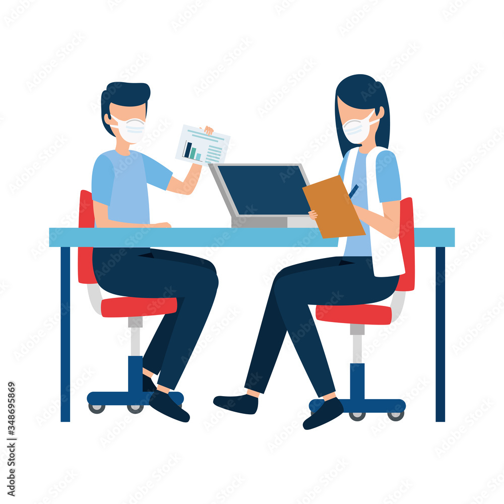 people using face mask in workplace vector illustration design